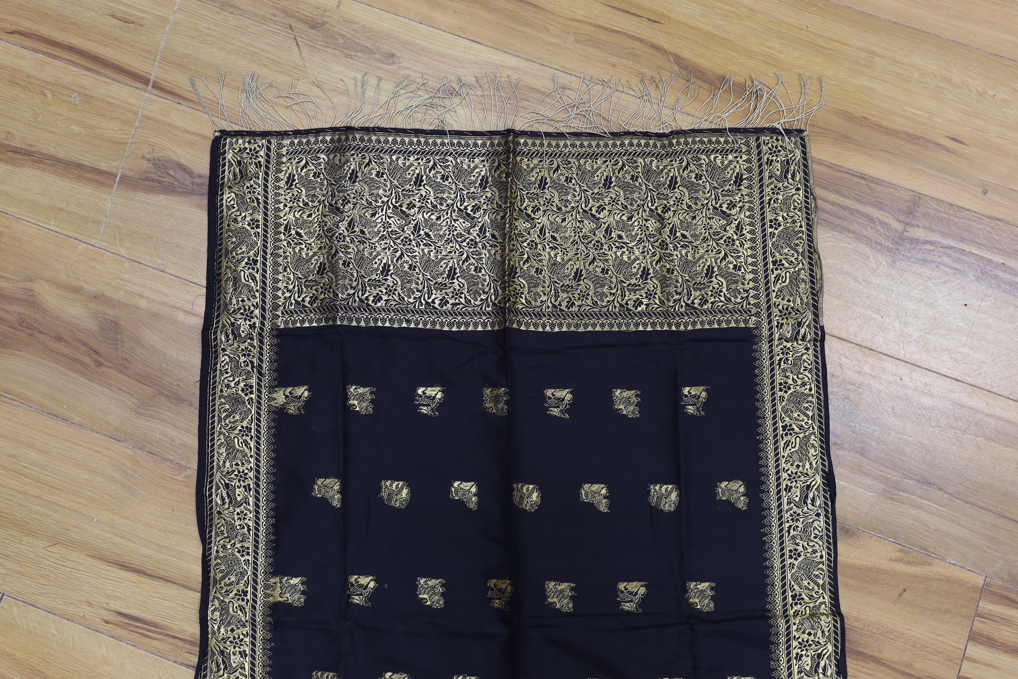 A gold thread Indian embroidered stole, 184 x 57cm